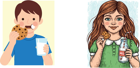 Happy children eating cookies with milk together, cartoon illustration of boy and girl enjoying sweet snack, fun family moment artwork