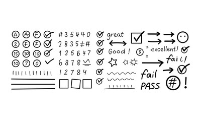 Checklist Doodle Set  Hand Drawn Tick Marks, Arrows, Symbols, and Rating Elements Vector Illustration