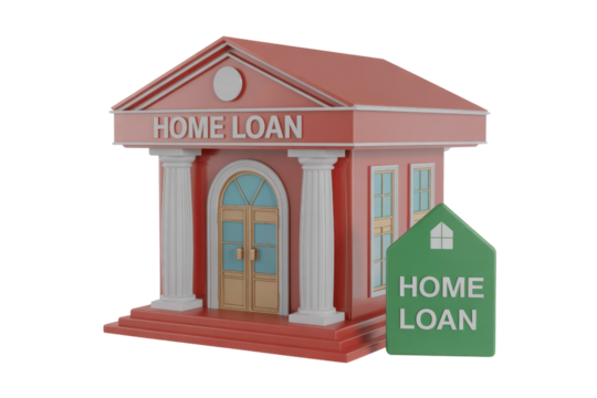 A 3D rendered red building with 'HOME LOAN' text and a green house-shaped tag, symbolizing mortgage and housing finance. background removed