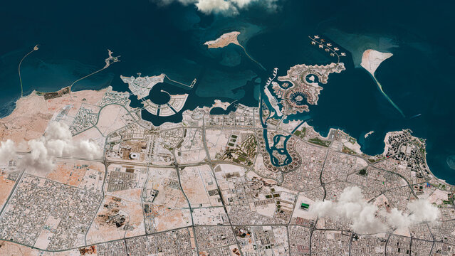 Doha Qatar Satellite Map Aerial View with Clouds Realistic Weather Overlay