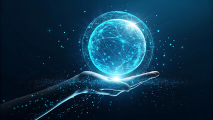 Hand holding a glowing futuristic orb of light and energy with particles floating around it