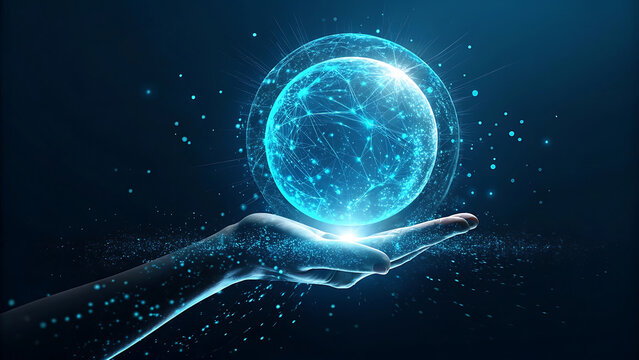 Hand holding a glowing futuristic orb of light and energy with particles floating around it