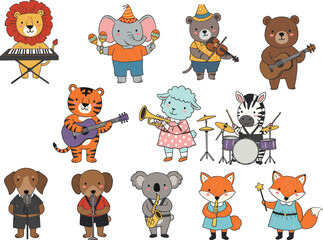 Cartoon animals playing musical instruments, kids concert characters, cute animal band, music party illustration, children’s performance clipart, fun zoo musicians