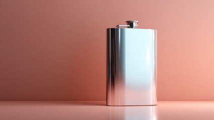 A sleek silver metal flask stands against a soft peach background, embodying elegance and function in a minimalist composition perfect for lifestyle and adventure themes.