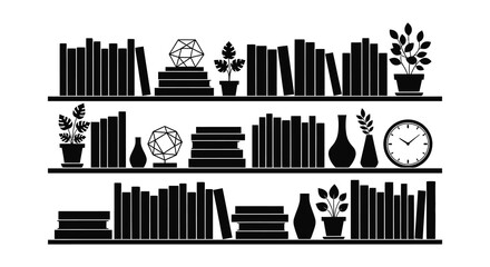 Three shelves filled with books decorative objects plants and a clock in a silhouette style © MIRAJ02