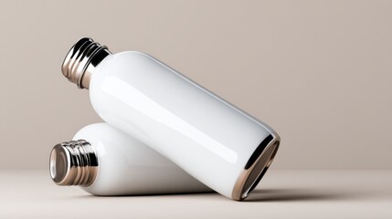Two elegant white bottles with sleek metallic accents are artistically arranged, showcasing a modern and sophisticated style perfect for beauty or personal care products.