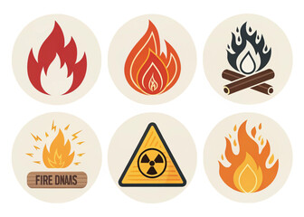 
Fire flame icon set of 6. Vector fire symbols. Hot burn bonfire element. Danger warning sign. Campfire heat logo. Energy power symbol. Isolated vector illustration isolated on white background 2