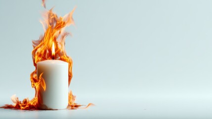 A white candle dramatically engulfed in flames against a white backdrop, symbolizing intensity, passion, and warmth, ideal for themes of energy and transformation.