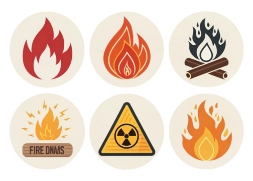 
Fire flame icon set of 6. Vector fire symbols. Hot burn bonfire element. Danger warning sign. Campfire heat logo. Energy power symbol. Isolated vector illustration isolated on white background 2