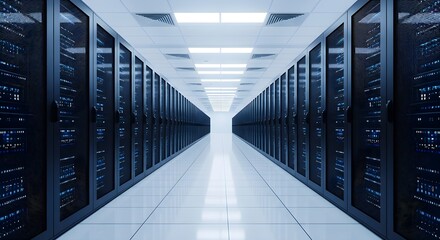Modern data center aisle with rows of server racks, symbolizing big data, cloud computing, hosting, and information technology infrastructure.