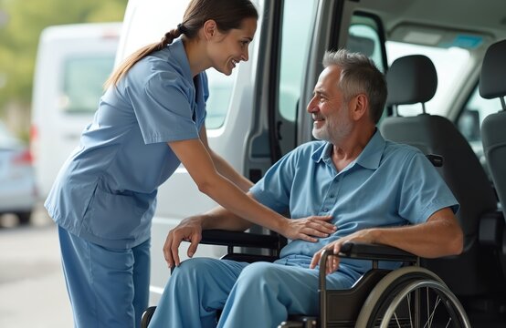 Young female nurse assists senior man get from wheelchair into accessible van. Medical worker helping older disabled patient with transportation. Social caregiver provides support, care for