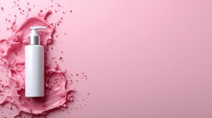 A lively splash of pink liquid surrounds a sleek beauty product bottle, conveying vibrancy and creativity in the realm of cosmetic branding.