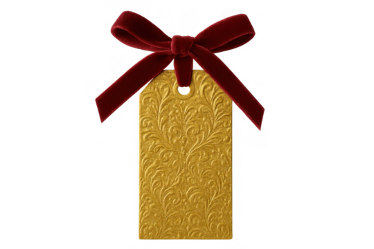 Golden embossed gift tag with red velvet ribbon bow, transparent background for holidays and sales