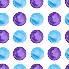 Watercolor illustration of polka dots in a checkerboard pattern. Seamless pattern of blue, purple circles.