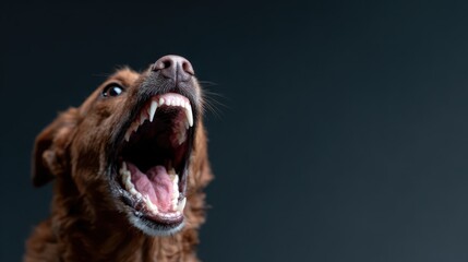 A close-up capture of a dog barking with an open mouth against a dark background, showcasing the dog's energetic spirit and expressive personality.