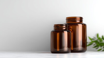 This minimalist image shows two amber glass jars, stacked elegantly on a clean white surface, conveying a sense of simplicity and rustic charm in home decor.