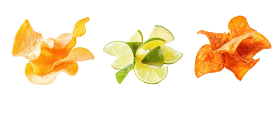 Piles of Veggie Chips, Sweet Chili Chips, and Lime Chips Side by Side on Transparent Background