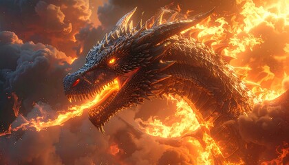 Fiery dragon exhales flames amidst swirling, vibrant orange clouds. Scaled beast with glowing red eyes dominates the scene