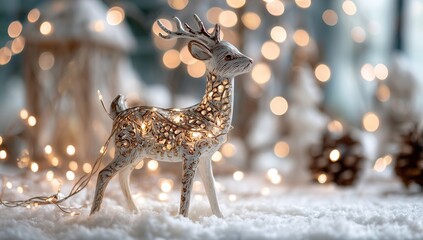 Decorative Reindeer with Christmas Lights in Snowy Setting