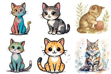Cute cartoon cats set isolated on white background with playful mood, transparent background