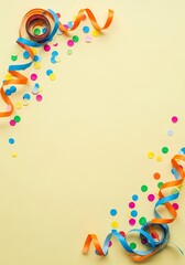 Fototapeta premium Festive image featuring colorful confetti and ribbons on a light yellow background, perfect for celebrations.