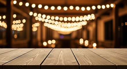 Elegant wooden table against blurred background of warm lights display