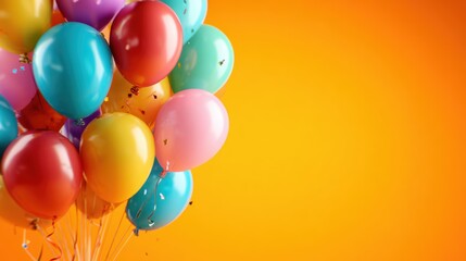 A vibrant collection of balloons in various colors captures the essence of celebration and joy, set against a warm orange background that radiates happiness.
