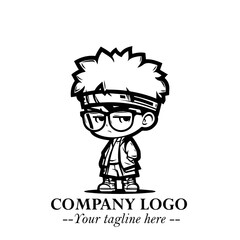 Black and White Chibi Boy Illustration with Jacket and Boots in Bold Thick Line Art Minimal Style