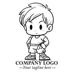 Black and White Chibi Boy Illustration with Jacket and Boots in Bold Thick Line Art Minimal Style