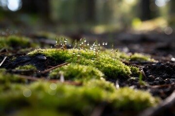 Moos und Tauperlen im Morgengrauen