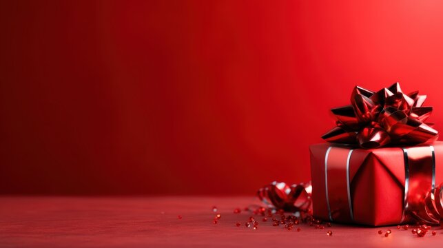 A beautifully wrapped red gift box topped with a shiny bow, set against a vibrant red background, evoking feelings of joy and celebration during festive occasions.