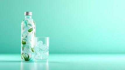 A stylish water bottle with a floral design and ice cubes beside it, creating a refreshing vibe against a soft, calming backdrop perfect for wellness and hydration.