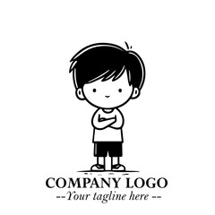 Black and White Chibi Boy Illustration with Jacket and Boots in Bold Thick Line Art Minimal Style