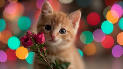 Cute kitten holding roses with colorful bokeh background