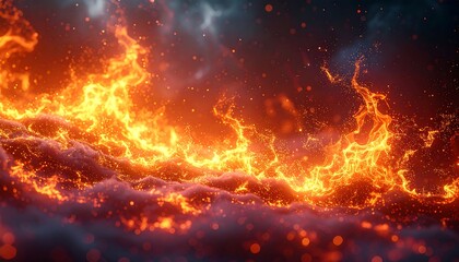 Fiery expanse of glowing orange energy swirling amid dark, smoky formations; abstract composition