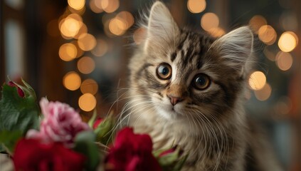 Cute kitten with roses and bokeh background