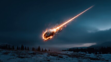 A striking meteor streaks through a dark sky, illuminating the landscape below with a fiery glow, symbolizing cosmic events and the mysteries of the universe surrounding us.