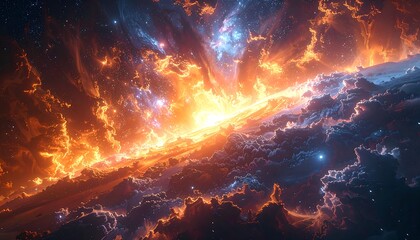 Fiery expanse swirling clouds blaze bright with intense oranges & reds, blending into celestial blue hues above