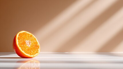Featuring a half orange bathed in natural light, this image highlights the fruit's textured surface and vibrant color, evoking feelings of freshness and zest.
