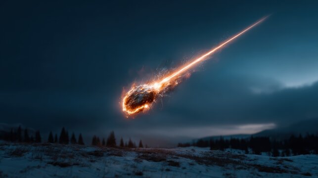 A striking meteor streaks through a dark sky, illuminating the landscape below with a fiery glow, symbolizing cosmic events and the mysteries of the universe surrounding us.