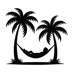 Silhouette of a person relaxing in a hammock strung between two palm trees on a tropical beach