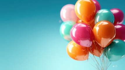 A vibrant collection of colorful balloons in various shapes and sizes floats gently against a bright turquoise background, evoking feelings of joy and celebration in the viewer.