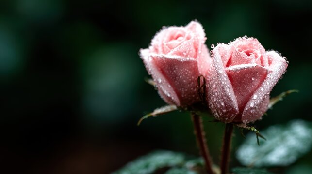 A beautiful close-up of two pink roses adorned with dew drops, showcasing their soft petals and vibrant color, creating an atmosphere of freshness and romance. - Powered by Adobe