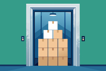 An elevator cab, overflowing with neatly stacked moving boxes, ascending vertically, symbolizing logistics and growth.