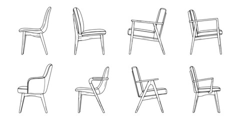 CAD Drawings. Various chairs side view isolated on white background. Vector illustration.