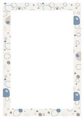 Decorative frame with abstract illustration features irregular circles and spots in soft tones of blue, beige, gray, and cream. 