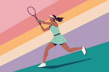 Dynamic female tennis player executing powerful forehand shot, side profile, focused intensity, athletic motion, vibrant court, full swing.