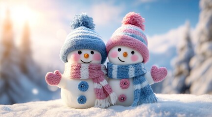 Cute Snowman Pair in Winter Setting