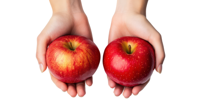 Two red apples held in open hands isolated on transparent background