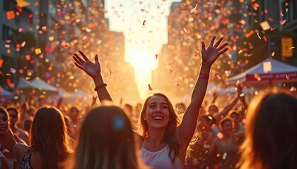 Obraz premium Joyful crowd celebrates with colorful confetti falling in urban street party setting. People cheer, dance, and enjoy outdoor festival during golden hour sunset light.